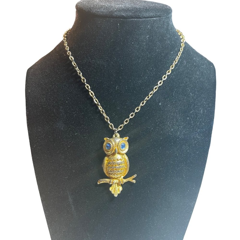 Gold Plated Owl Pendant Necklace with Blue Stone Eyes 24" Chain
